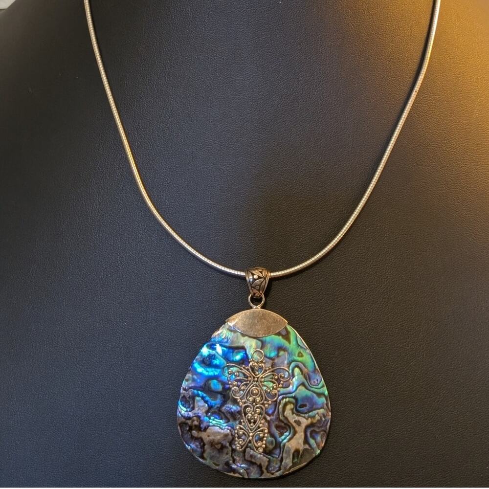 Signed SUARTI INDONESIA 925 Sterling Abalone Teardrop Pendant 18" Necklace